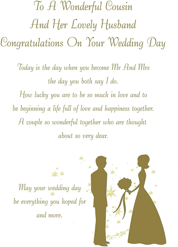 wedding card for cousin, things to write in a wedding card, gold bride and groom silhouettes drawing