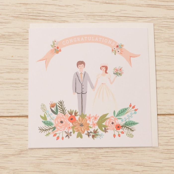 hand painted wedding card, congratulations on your marriage, drawing of bride and groom, surrounded by flowers