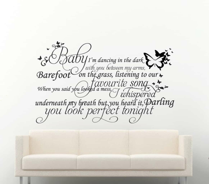 lyrics from perfect, song by ed sheeran, wedding songs, sticker for the wall, white sofa in front of white wall