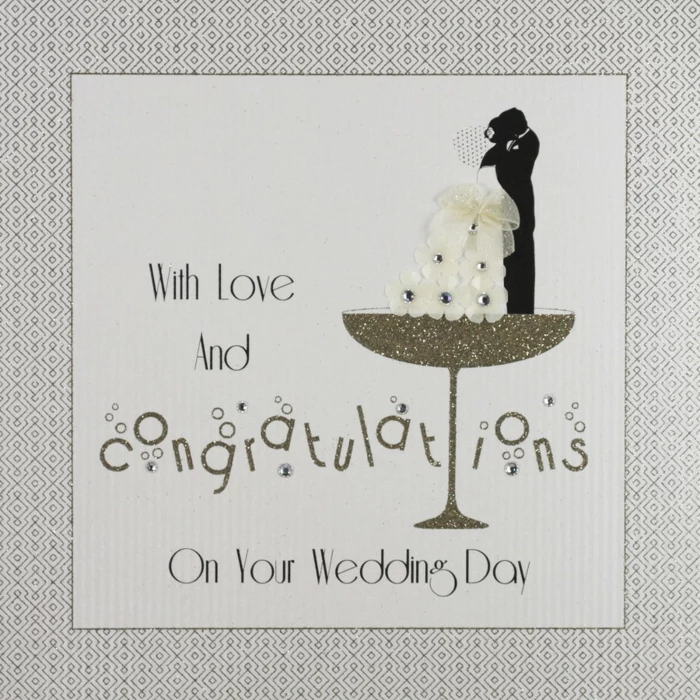 glitter champagne glass, bride and groom silhouettes, congratulations on your marriage, white card stock
