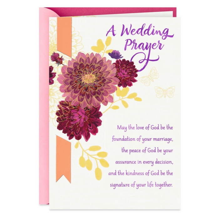 white card stock, pink and purple peny flowers at the front, congratulations on your marriage
