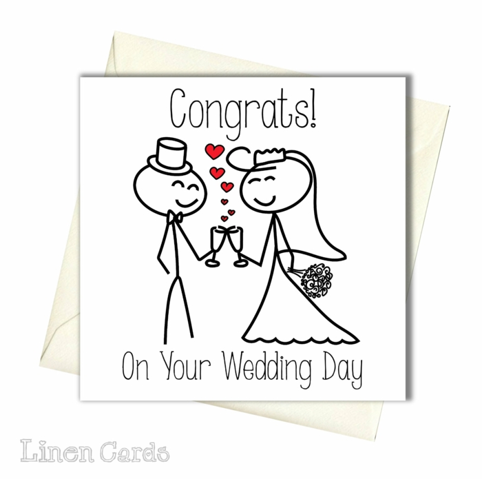 bride and groom stick figures drawing, congratulations on your marriage, white card stock