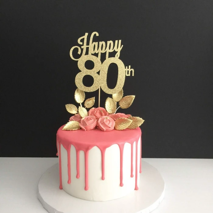 one tier cake, covered with white and pink fondant, 80th birthday party favors, gold glitter cake topper