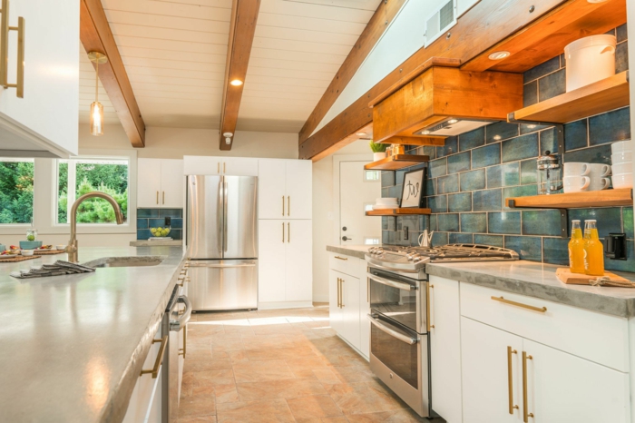 white cabinets with granite countertops, blue tiles backsplash, mid century modern backsplash tile