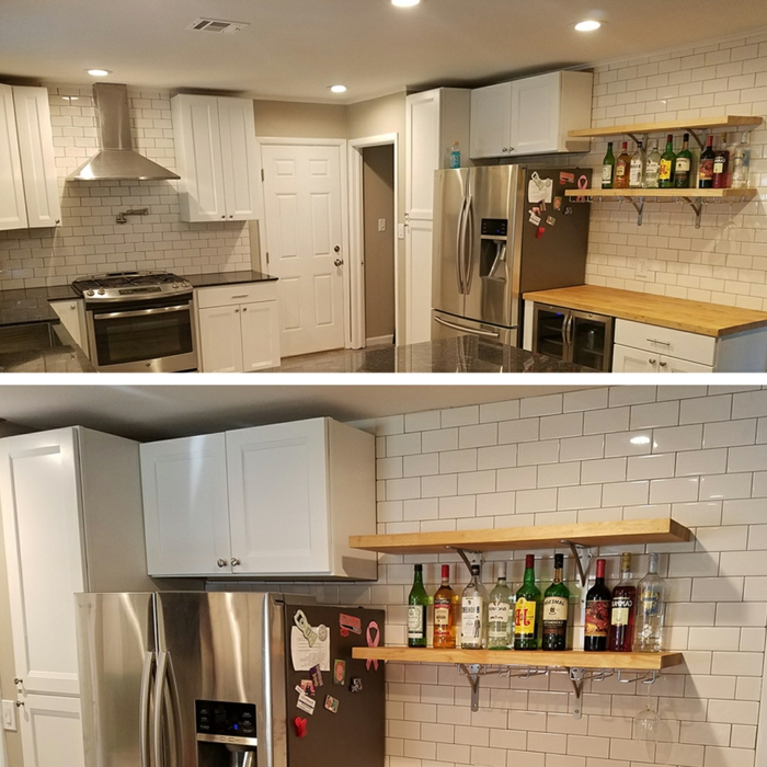 white subway tiles, white cabinets with black countertops, mid century modern backsplash tile, open shelving