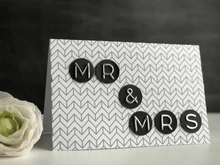 diy wedding card, wedding congratulations, white card stock, mr and mrs written with silver letters