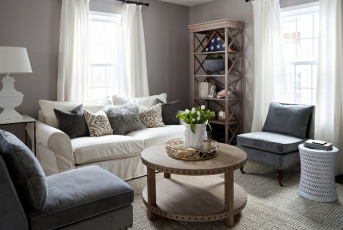 white sofa, grey armchairs, round wooden coffee table, luxury living room furniture, grey walls