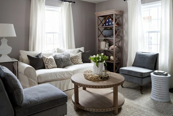 white sofa, grey armchairs, round wooden coffee table, luxury living room furniture, grey walls