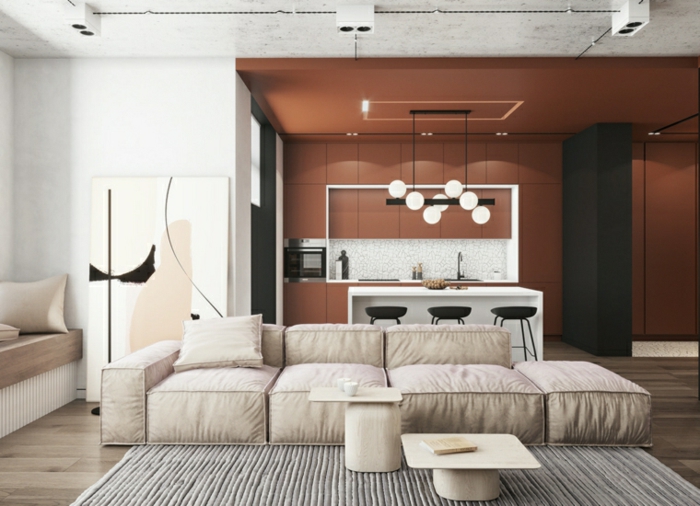 orange accent wall, contemporary living room furniture, white sofa, wooden floor with grey carpet