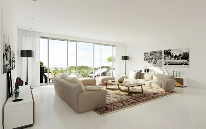 white sofas, white floor with colorful carpet, beautiful living room ideas, small coffee table