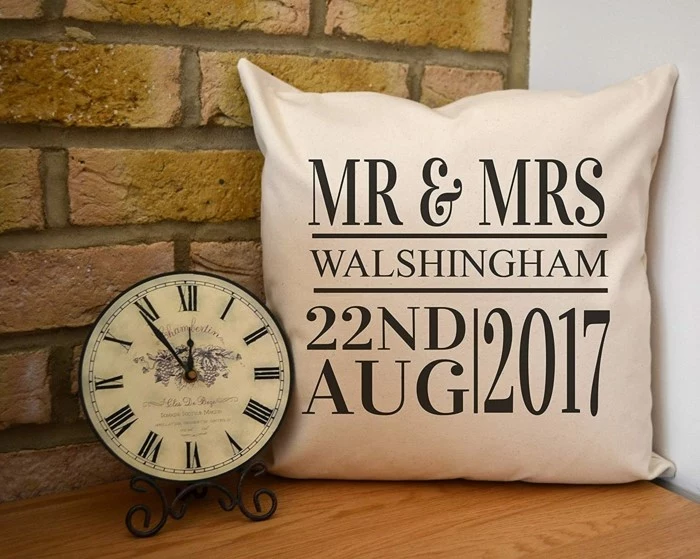 mr and mrs walshingham, personalised throw pillow, 50th anniversary gifts, pillow made from white cotton