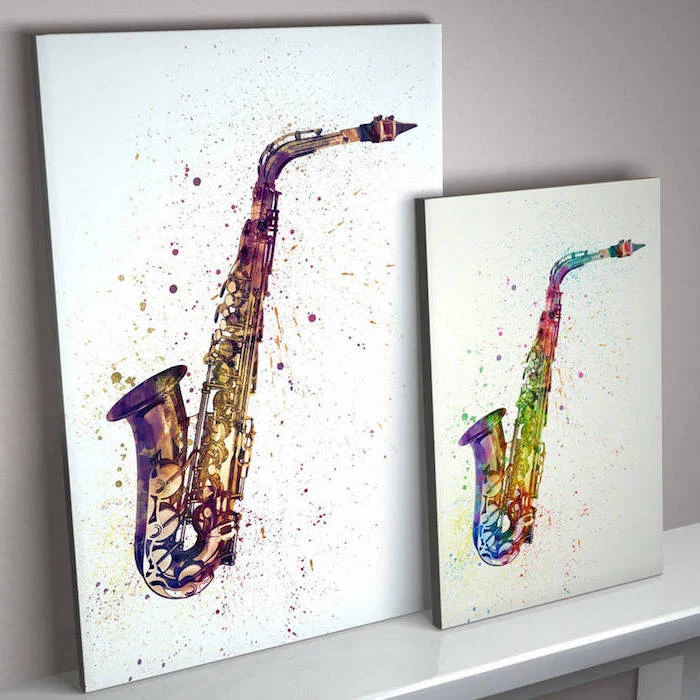 easy watercolor paintings, two side by side paintings, saxophones painted in different colors, white background