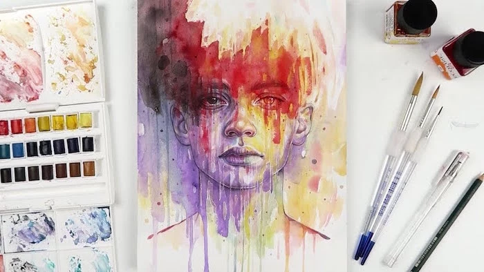 abstract painting, female face painted in different colors, easy watercolor paintings, palette with different colors