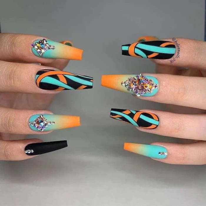 ombre nails, orange and turquoise nail polish, blue nail designs, abstract decorations with rhinestones