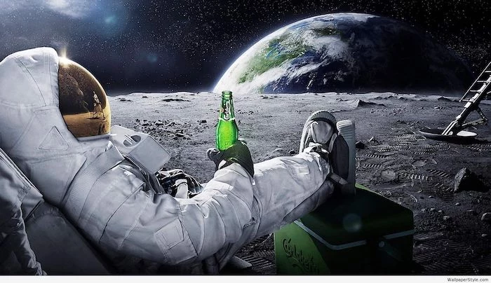 astronaut sitting on a chair on the moon looking at earth weird wallpapers holding a bottle of beer
