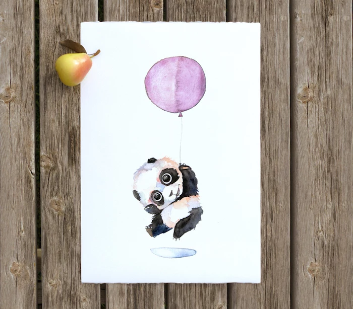 baby panda, holding a purple balloon, painted on white background, watercolor painting for beginners, placed on wooden surface