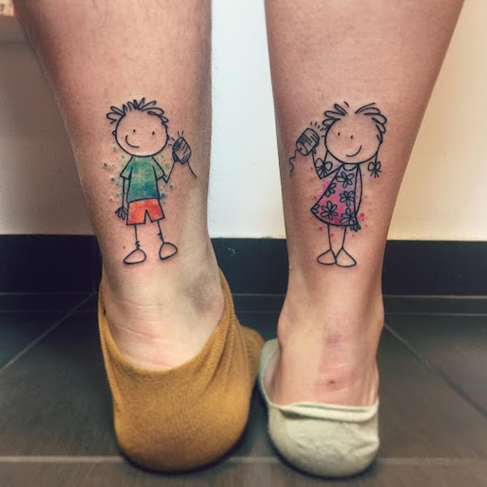back of leg tattoos brother and sister tattoo ideas boy and girl stick figures with can phones watercolor tattoos