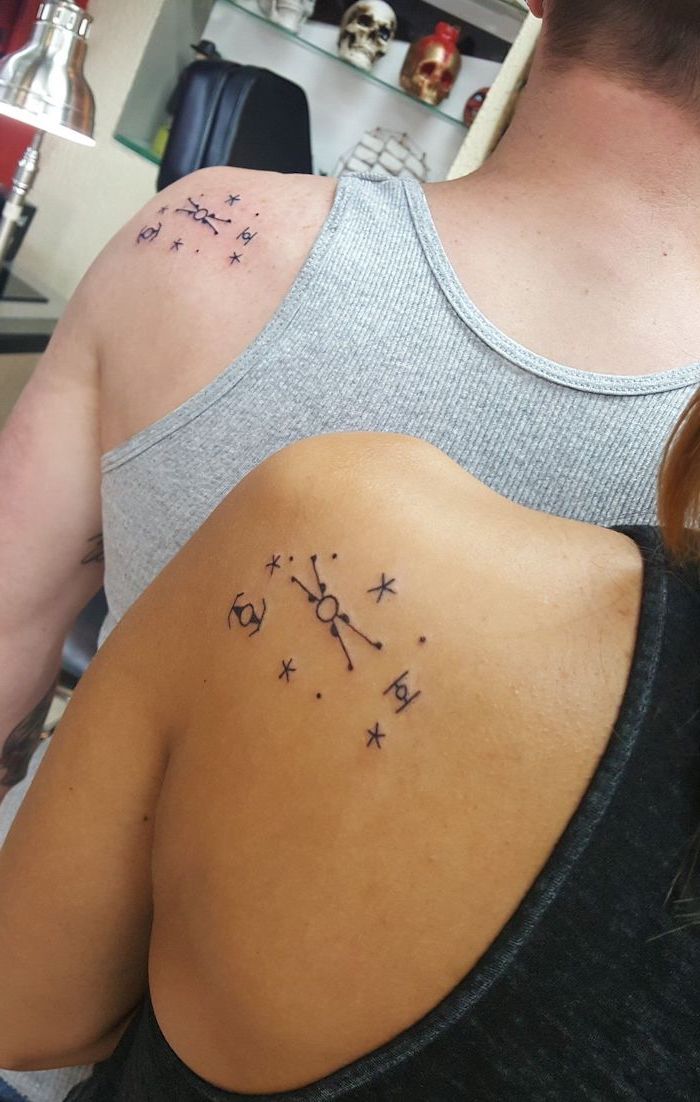 back of shoulder matching tattoos small matching tattoos star signs and constellations
