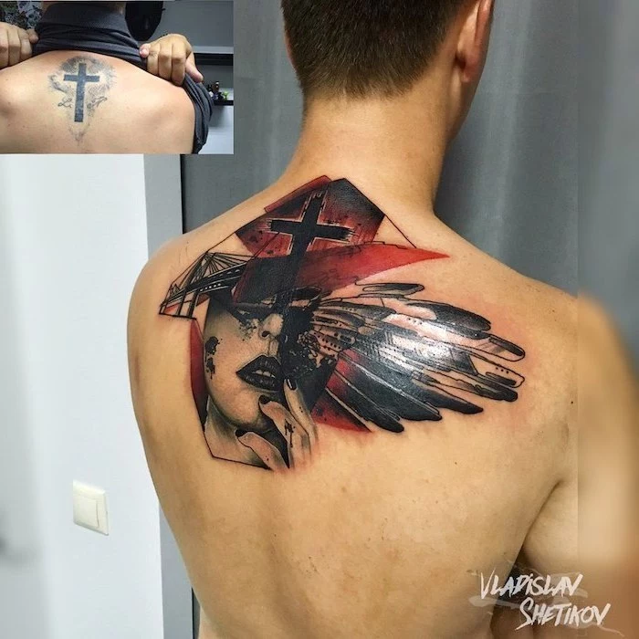 back tattoo realistic trash polka tattoos female face wings cross behind her in red and black