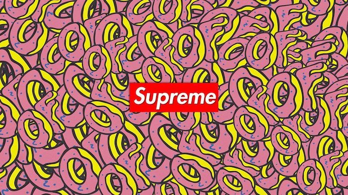 background of cartoon donuts in pink and yellow supreme wallpaper supreme logo written in white on red background