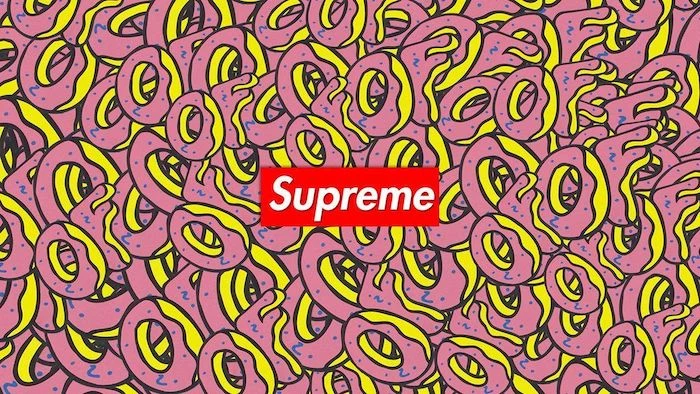 background of cartoon donuts in pink and yellow supreme wallpaper supreme logo written in white on red background