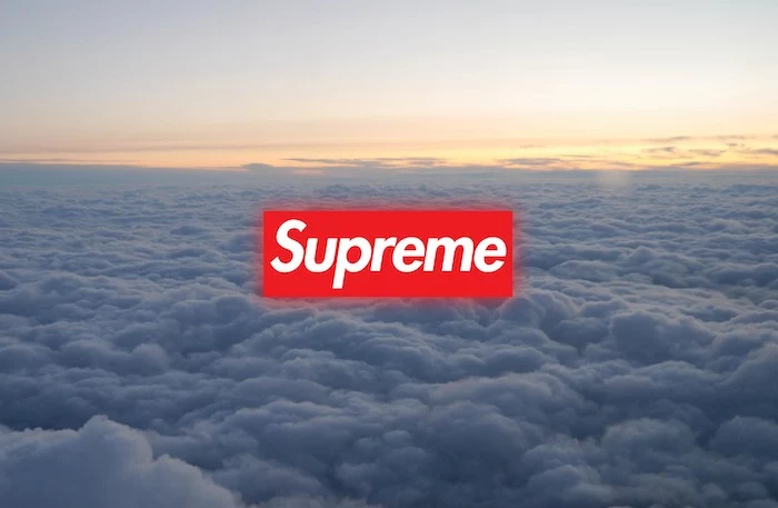 background photo taken above the clouds at sunset supreme logo written in white on red background supreme wallpaper