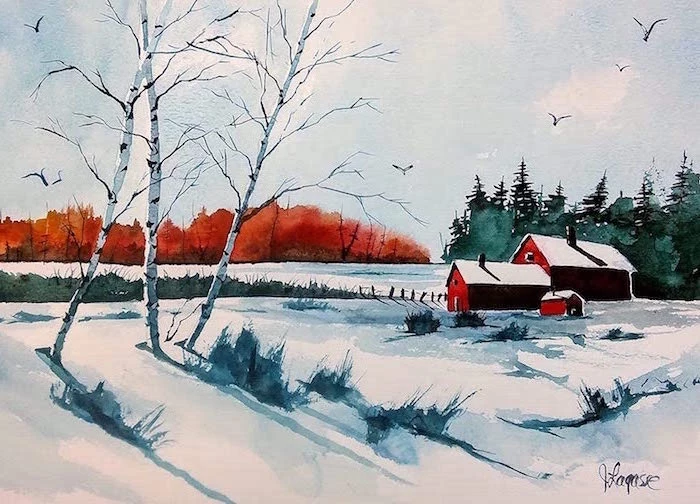 barns in the middle of field, covered with snow, watercolor painting for beginners, tall trees in the background