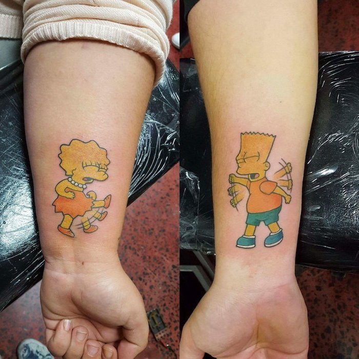 bart simpson lisa simpson wrist tattoos sibling tattoo ideas colored matchi...