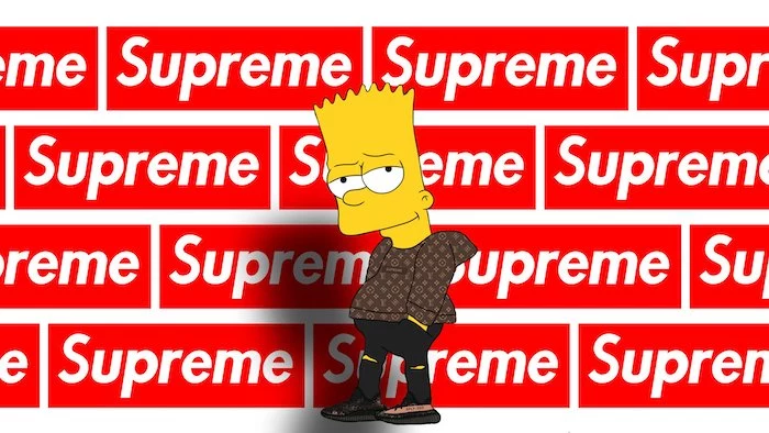 bart simpson wearing louis vuitton coat black jeans lots of supreme logos in the background supreme wallpaper iphone