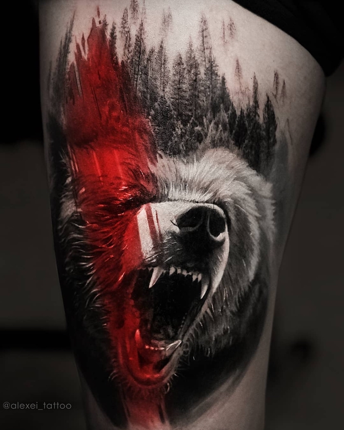 bear roaring trash polka chest tattoo forest behind it red line going through it thigh tattoo