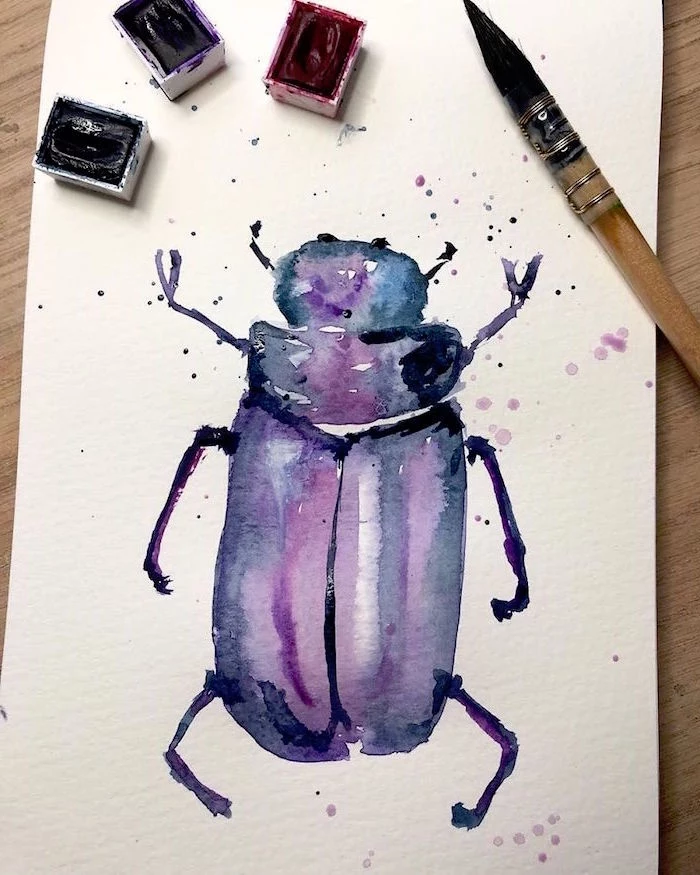 beetle painted in watercolor, watercolor painting for beginners, blue and purple colors used, painted on white background