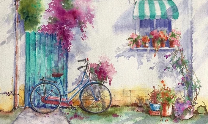 blue bicycle with flower basket, leaning on white wall and turquoise door, easy watercolor paintings, potted flowers around it