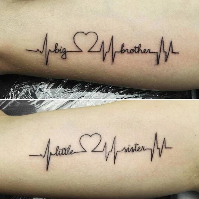 big brother little sister written with hearts and heartbeat lines twin tattoos inside arm tattoos