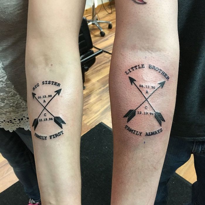 big sister little brother family first family always sibling tattoo ideas forearm tattoos with two crossed arrows and dates