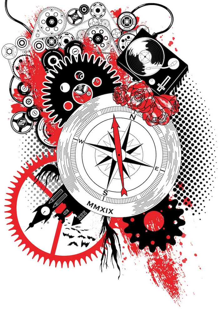 black and red drawing white trash tattoo ideas compass flowers different elements drawn on white background