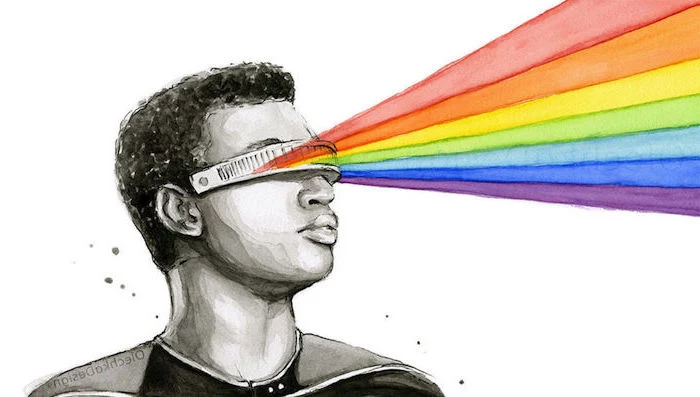 black and white drawing of a man, wearing futuristic sunglasses, watercolor ideas, rainbow shooting out of them, white background