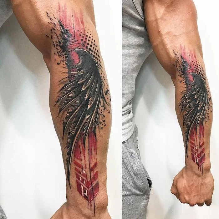 black angel wing red and black lines and dots behind it trash polka tattoo sleeve forearm tattoo