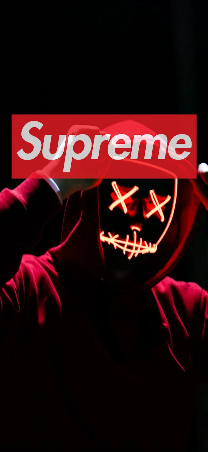 black background cool supreme backgrounds cartoon drawing of man wearing hoodire with x for eyes supreme logo in red and white