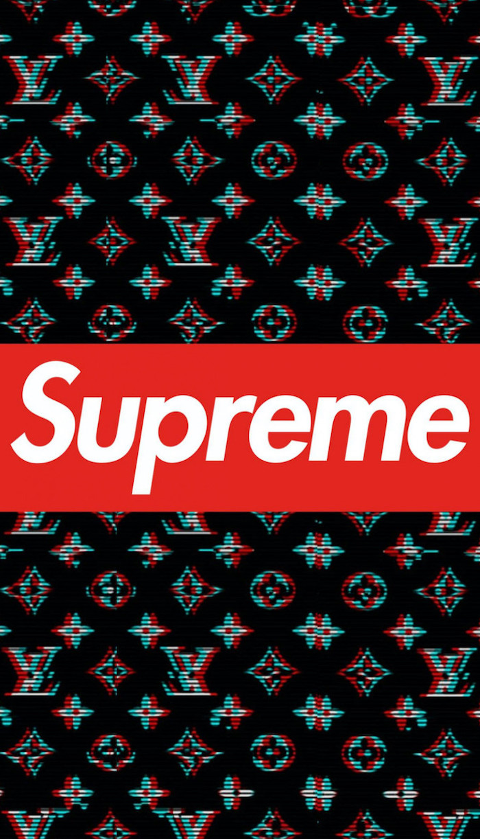 black background red and white supreme logo at the center cool hypebeast wallpapers louis vuitton logos around it