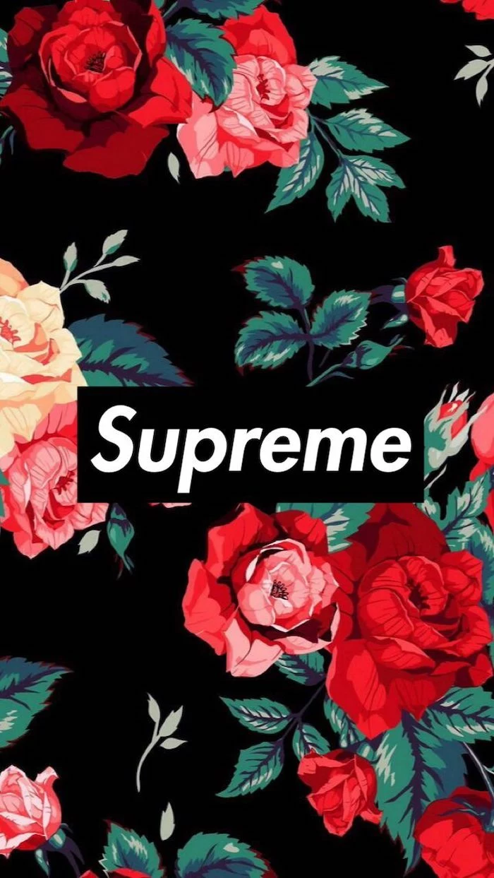 black background supreme wallpaper girl supreme logo in black and white at the center surrounded by pink and red roses