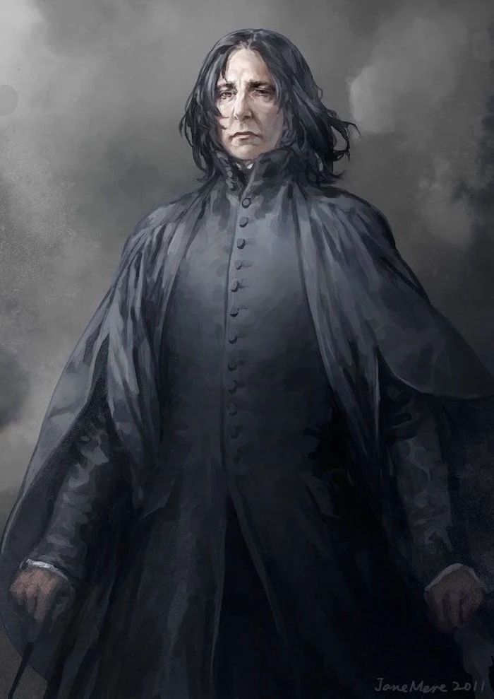 drawing of severus snape, wearing long black robe, harry potter drawings, black background, watercolor painting