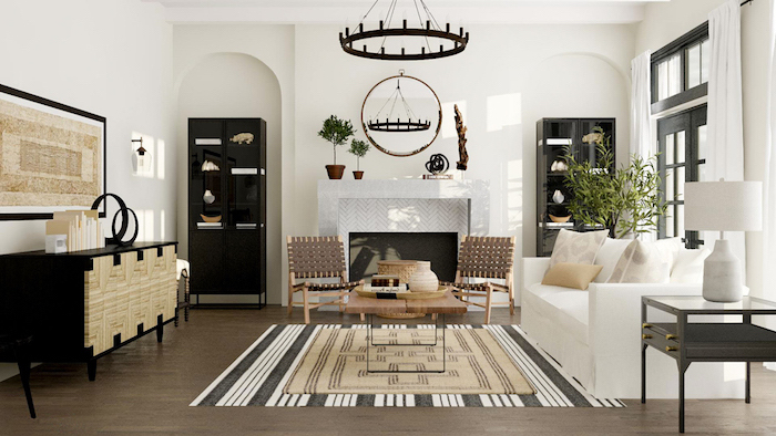 white sofa and ratan armchairs, farmhouse living room, placed on front of a fireplace, carpet on wooden floor