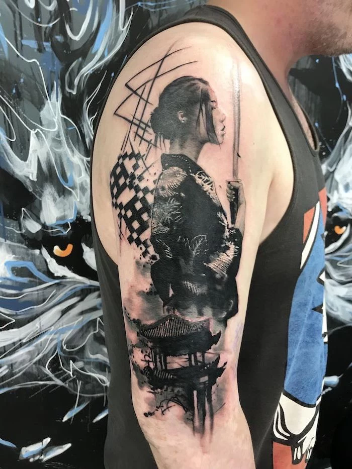 black trash polka tattoo style of female samurai holding a sword wearing kimono shoulder tattoo
