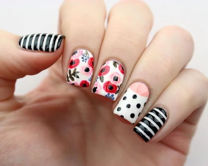 flower decorations, summer nail designs, white and black nail polish, short square nails