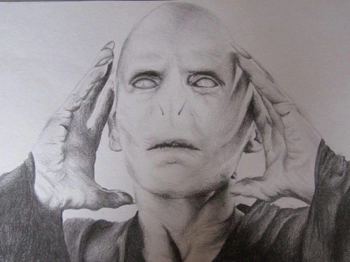 drawing of voldemort, black and white pencil sketch, harry potter drawings, portrait drawing