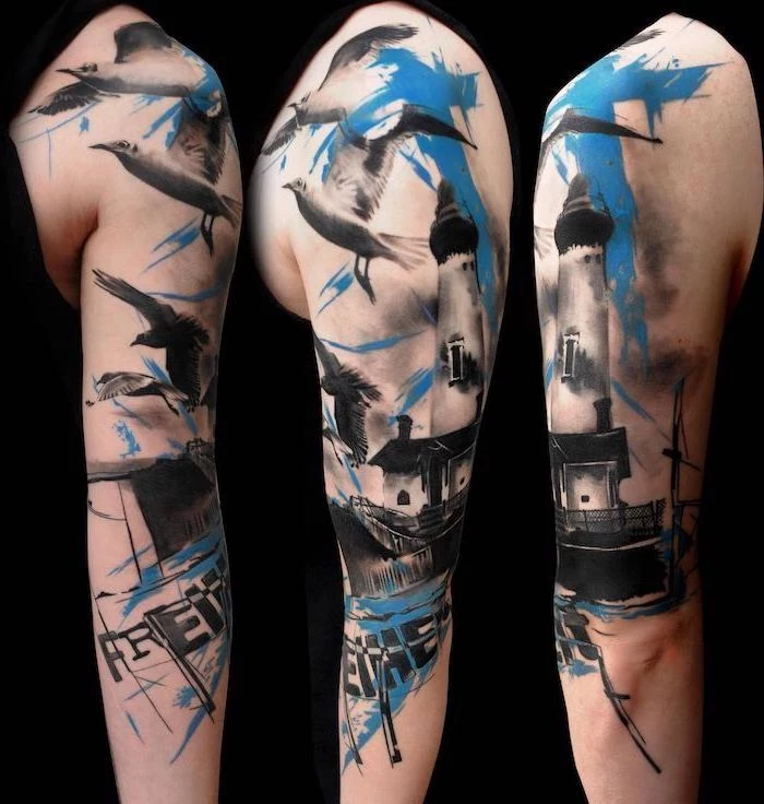 blue and black tattoo trash polka tattoo design half sleeve tattoo of lighthouse with birds flying around it