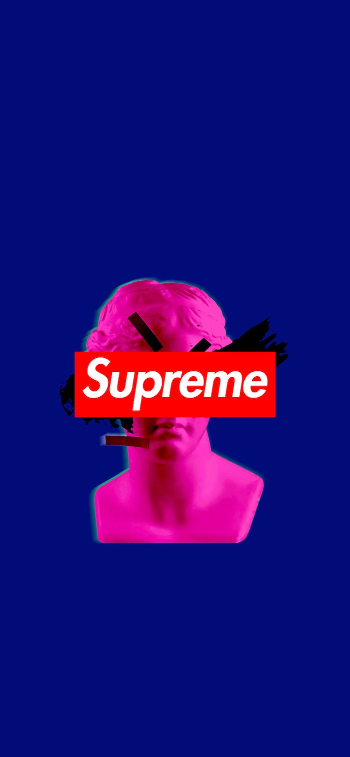 blue background black supreme wallpaper neon pink cartoon of statue red and white supreme logo in the middle