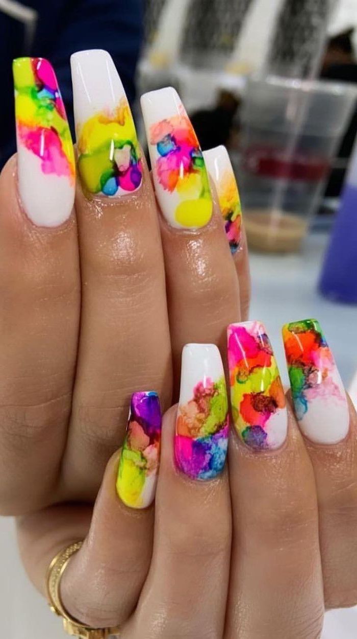 long coffin nails, white nail polish, summer nail colors, watercolor splashes decorations