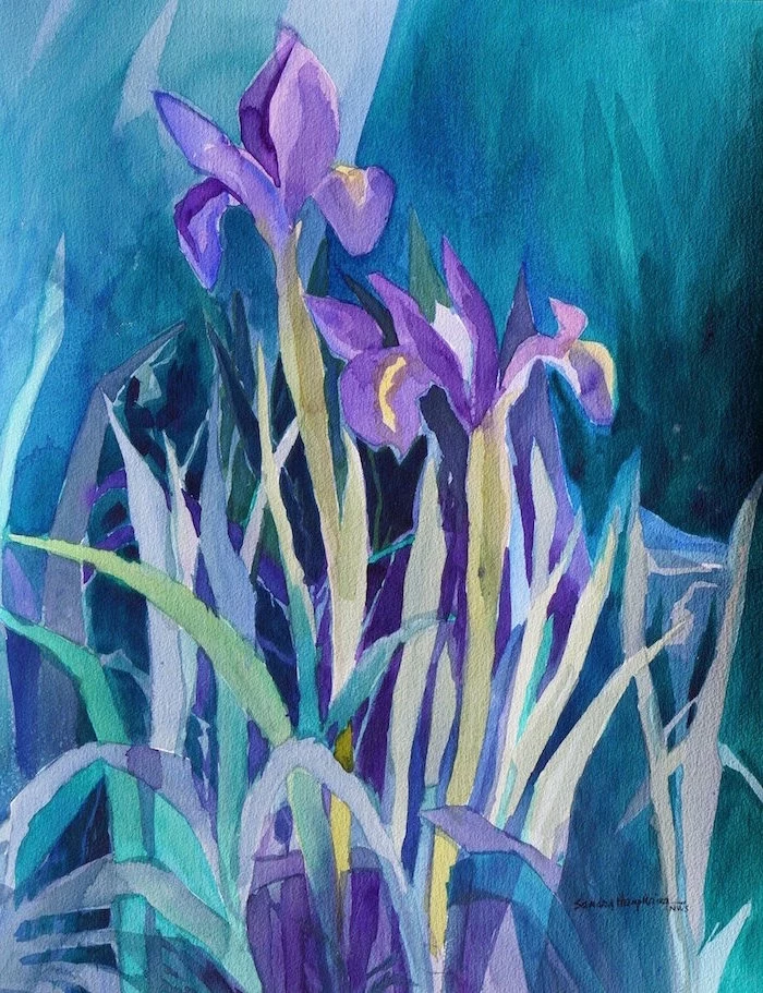 purple orchids with leaves, blue and green watercolor background, watercolor painting for beginners, abstract art