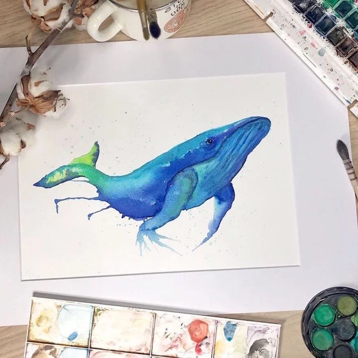 painting of a whale, painted in blue and green watercolor, simple watercolor paintings, white background